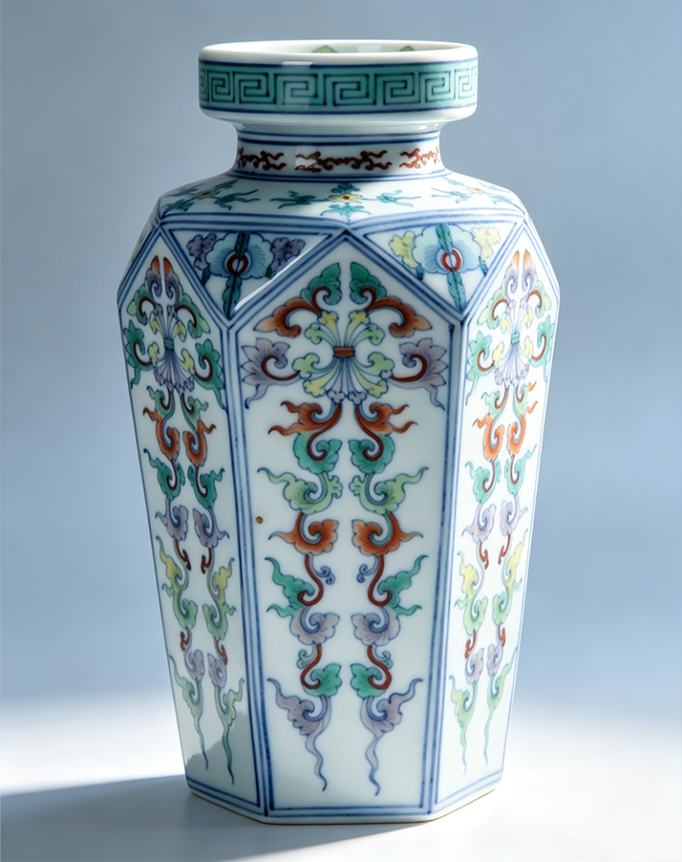 Doucai Hexagonal Vase with Floral-Spray Pattern