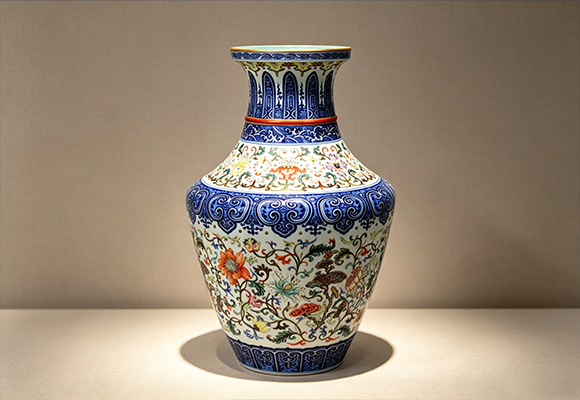 A Blue-and-White Enamelled 'Lingzhi and Floral' Pankou Ping Vase with Angular Shoulders