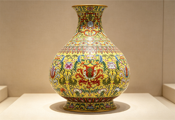 A-Yellow-Ground-Famille-Rose-Floral-Yuhuchunping-Vase