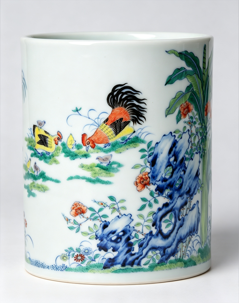 Blue-and-White Doucai Brush Pot with Hen and Chicks Pattern
