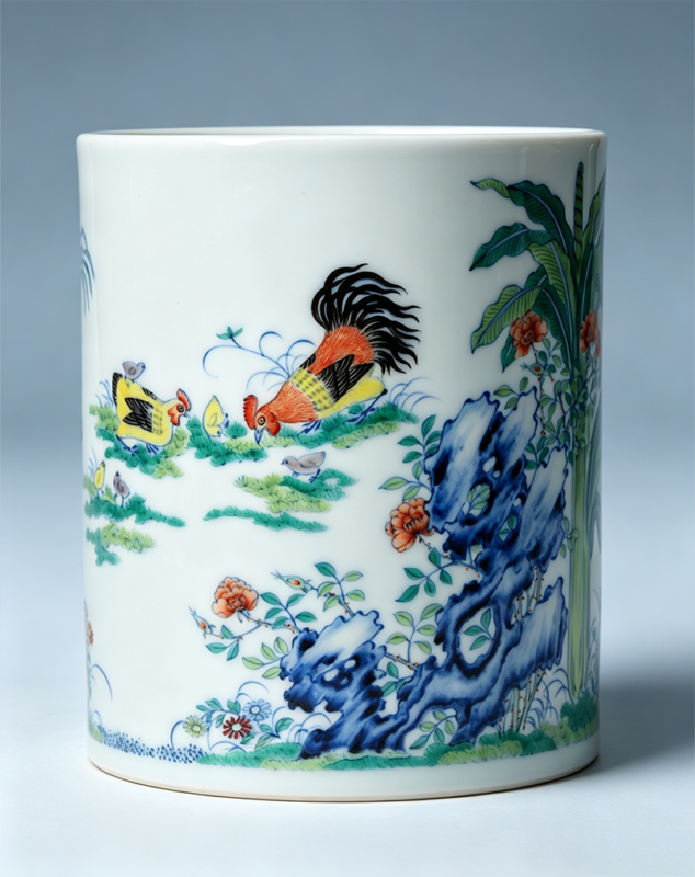 Vintage Style Blue-and-White Doucai Brush Pot with Chicken Pattern