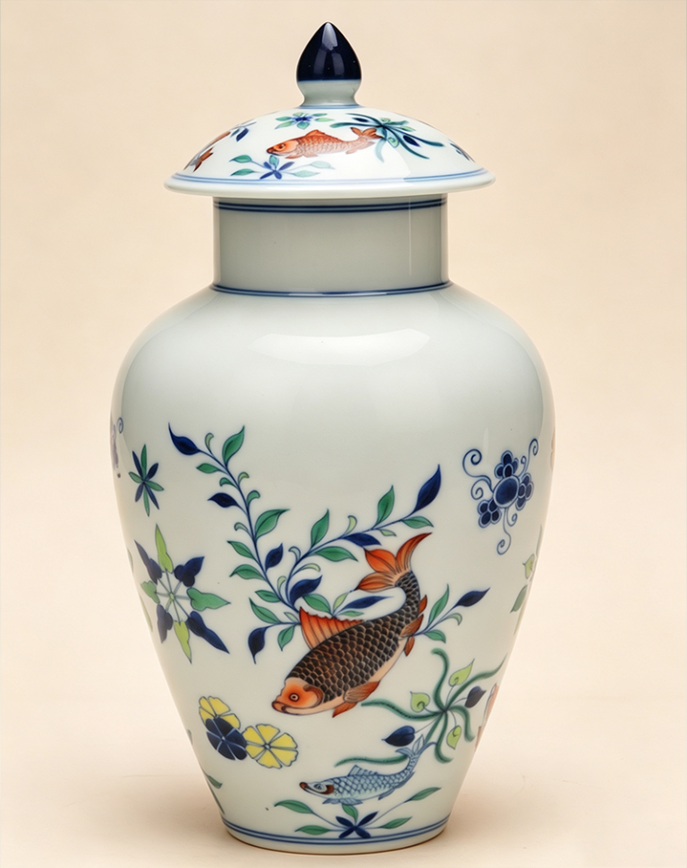 Vintage Style Blue-and-White Doucai Covered Jar with Fish-and-Waterweed Pattern