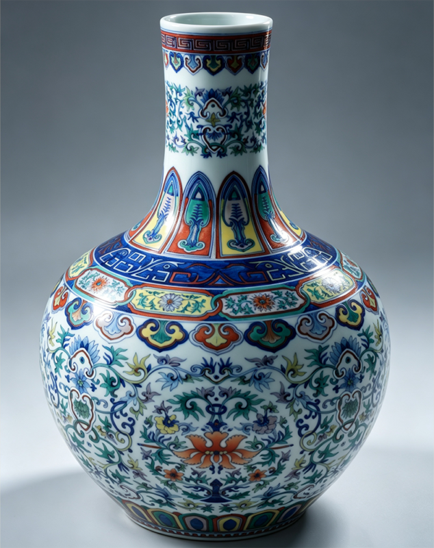 Blue-and-White Doucai Celestial-Globe Vase with Scrolling Roundel-Flower Pattern