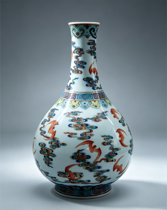 Blue-and-White Doucai Flared-Mouth Gall-Bladder Vase with Cloud-and-Bat Pattern