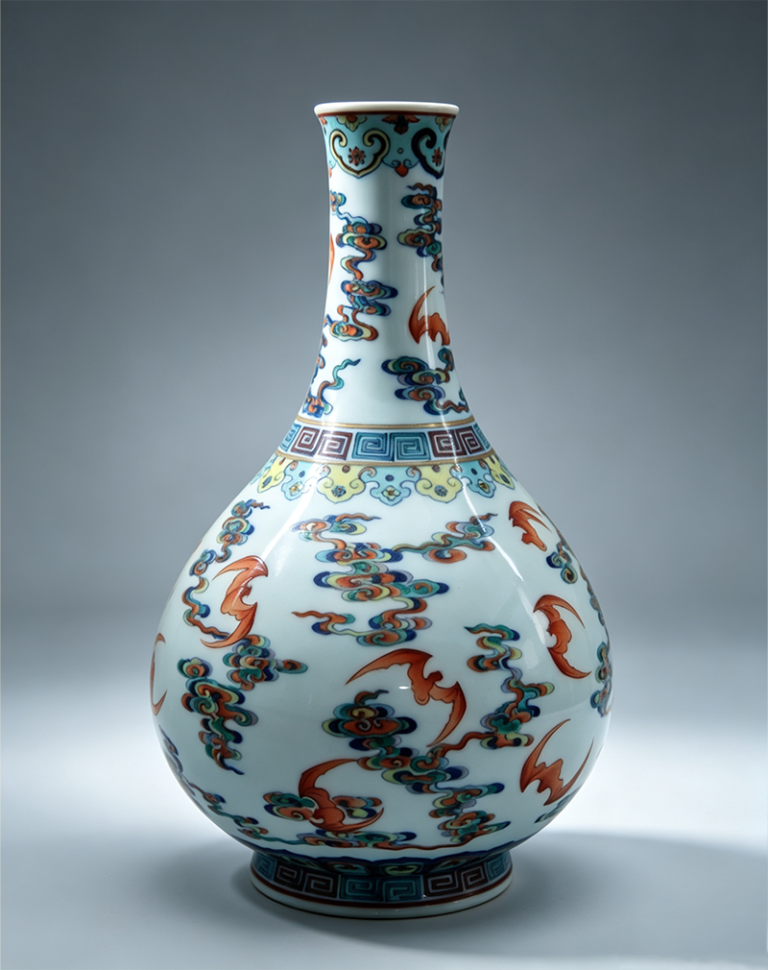 Blue-and-White Doucai Flared-Mouth Gall-Bladder Vase with Cloud-and-Bat Pattern