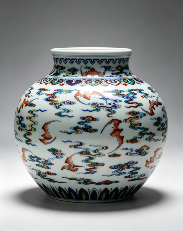 Blue-and-White Doucai Jar with Cloud-and-Bat Pattern