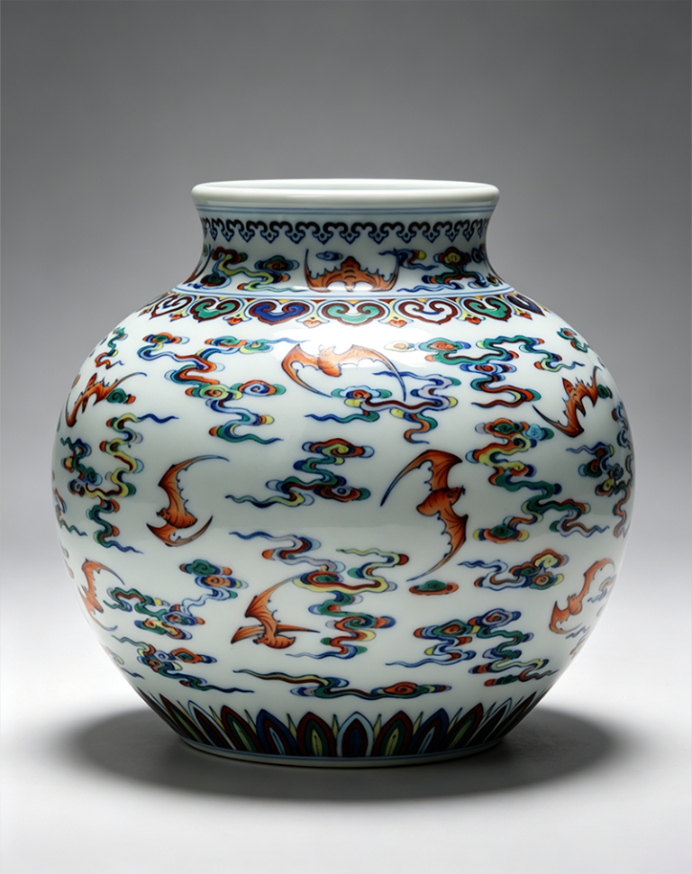 Blue-and-White Doucai Jar with Cloud-and-Bat Pattern