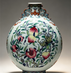 Blue-and-White Doucai Twin-Handled Flattened Flask with "Three Abundances" Pattern