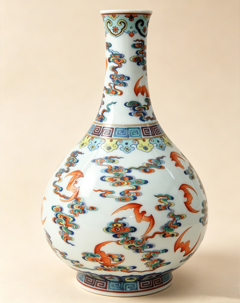 Vintage Style Blue-and-White Doucai Flared-Mouth Vase with Auspicious Cloud and Bat Pattern
