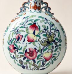 Vintage Style Blue-and-White Doucai Flattened Twin-Handle Flask with Auspicious Three Abundances Pattern