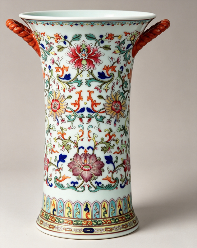 Vintage Style Blue-and-White Doucai Flower Gu with Rope-Twist Handles and Auspicious Floral Pattern