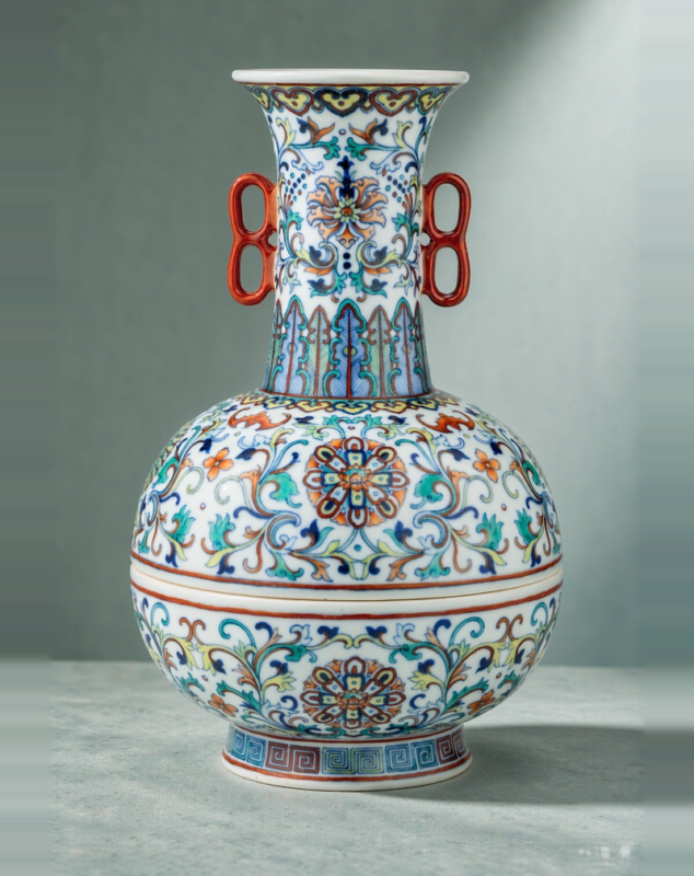 Vintage Style Blue-and-White Doucai Heping Union Vase with Auspicious Floral Pattern